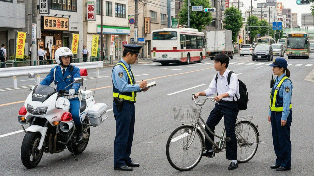 自転車の交通違反取り締まりの様子(自転車青切符制度のイメージ)